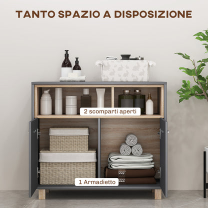 Modern Bathroom Cabinet with Open Compartments and 2-Door Cabinet, 80x35x70 cm, Grey