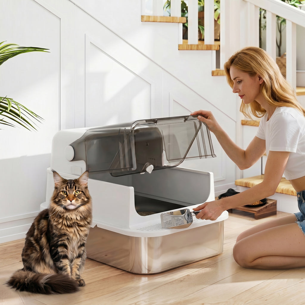 PawHut 52L Stainless Steel Enclosed Cat Litter Box with Flip Lid, Double Door, Scoop, White