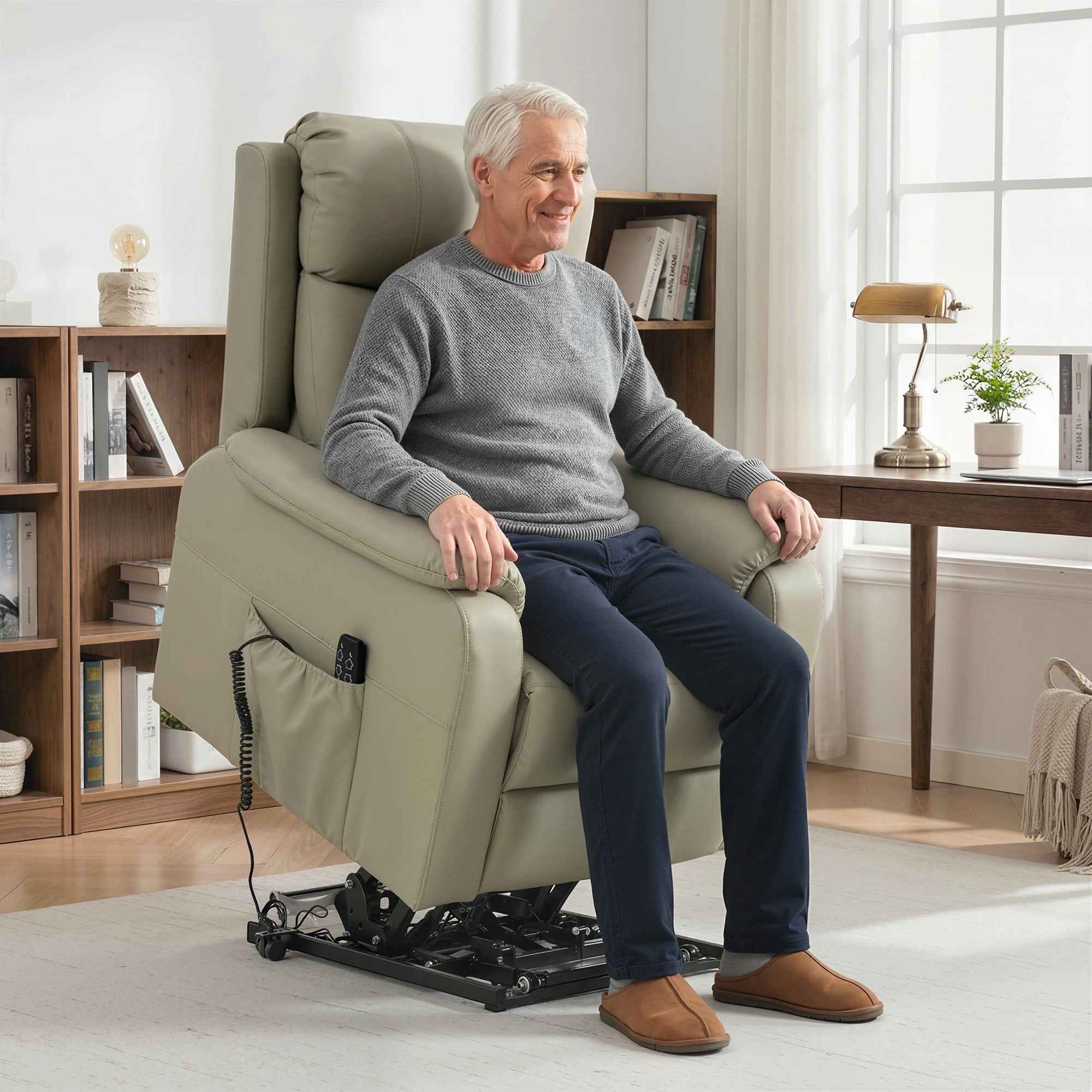 170° Electric Lift Recliner Chair in Breathable Faux Leather with 2 Motors, Remote Control, 4 Wheels, Brake, Footrest, Side Pockets, Cream