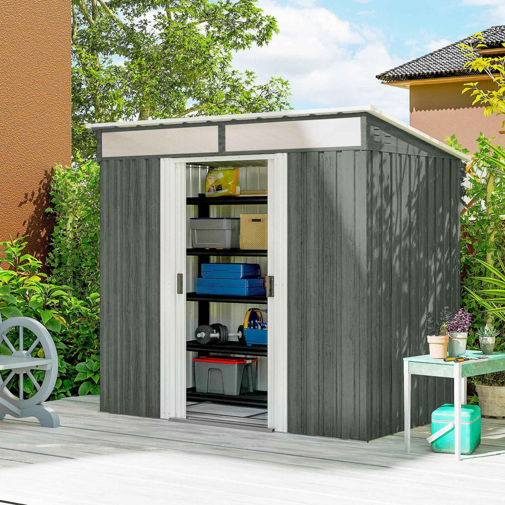 Outsunny Garden Shed with Sliding Doors and Steel Flooring, 195x122x181.5 cm, Light Grey