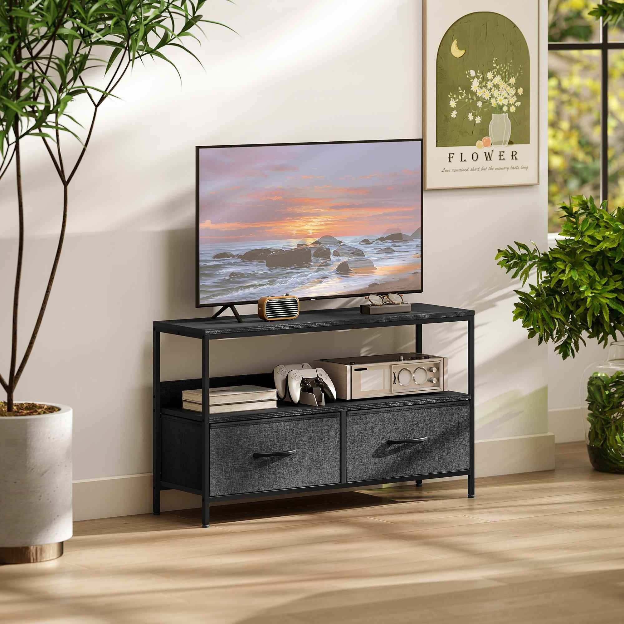 HOMCOM 47" TV Stand with Folding Fabric Drawers and Metal and MDF Shelf, 98x29x56 cm, Black