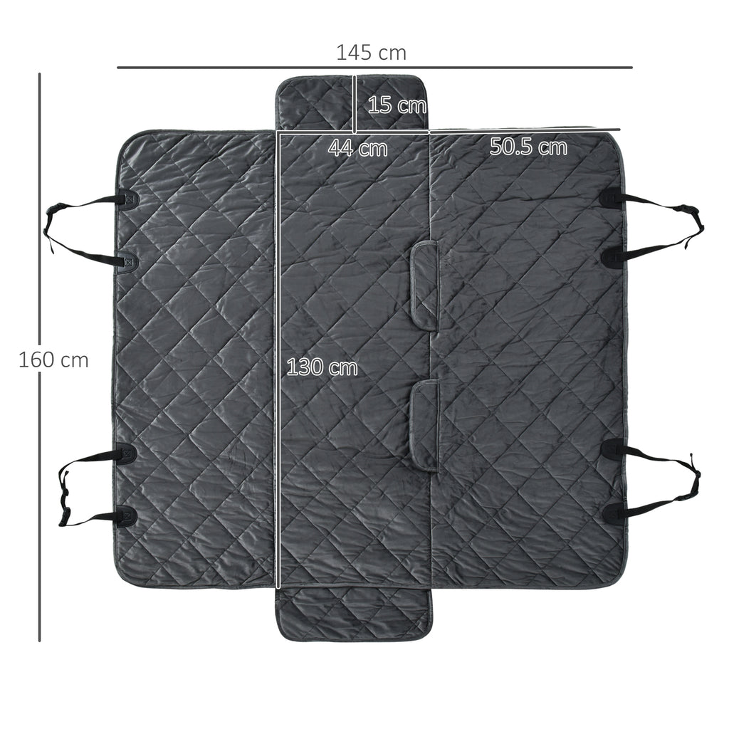 Velvet Dog Car Seat Cover with Non-Slip Backing and Attachment Straps, 160x145cm, Grey