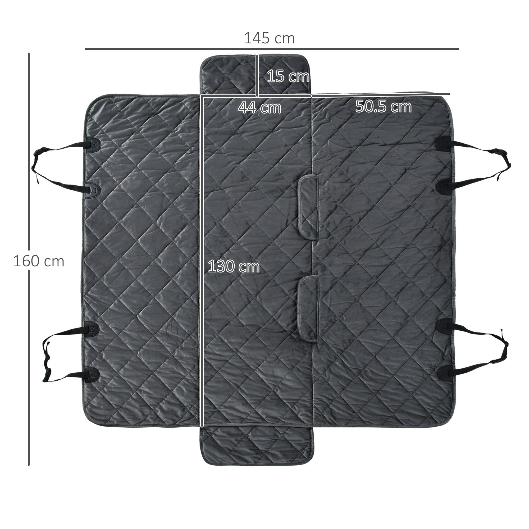 Velvet Dog Car Seat Cover with Non-Slip Backing and Attachment Straps, 160x145cm, Grey