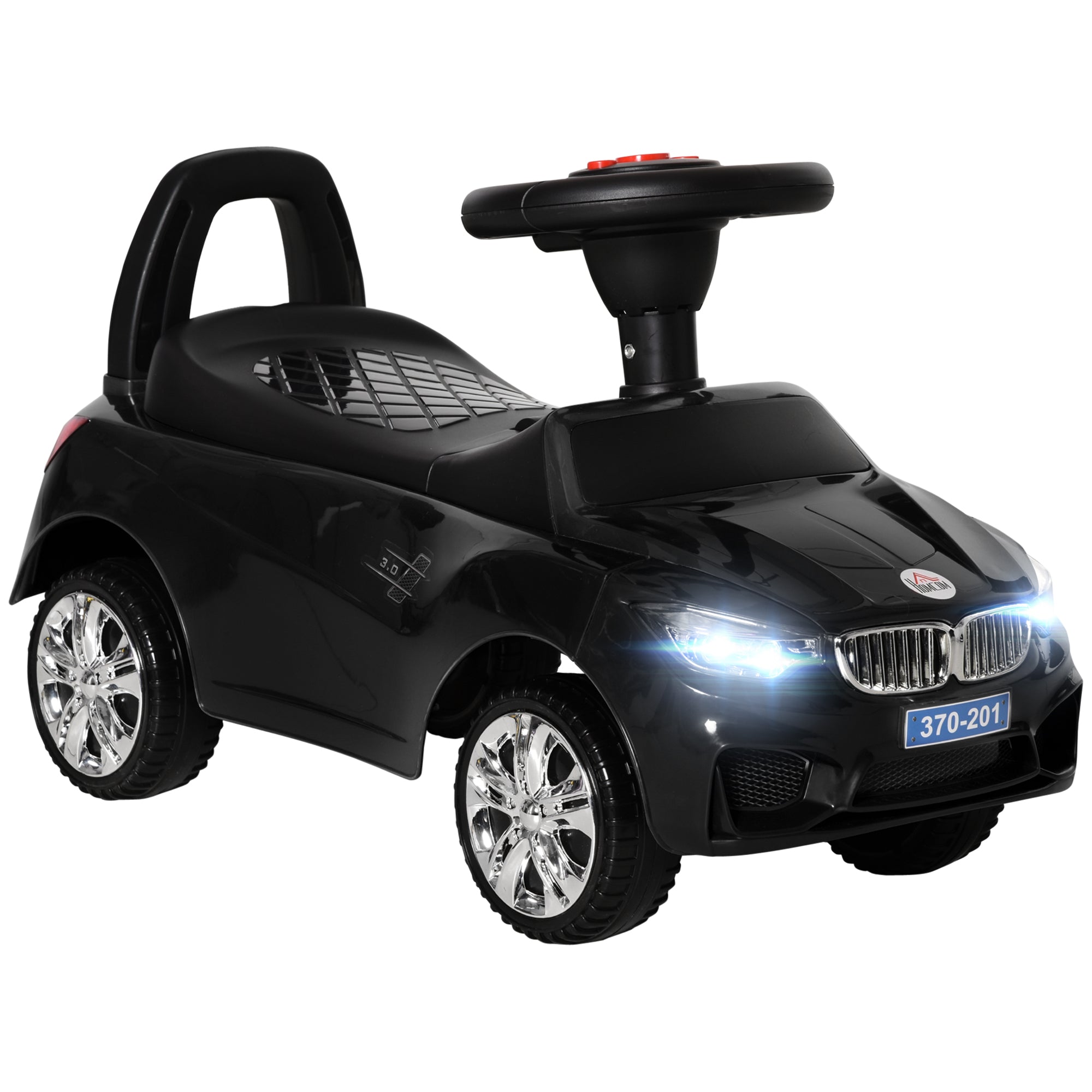 Children's Ride-On Toy Car with Steering Wheel, Built-in Lights and Music, PP and Metal, 63.5x28x36 cm, Black