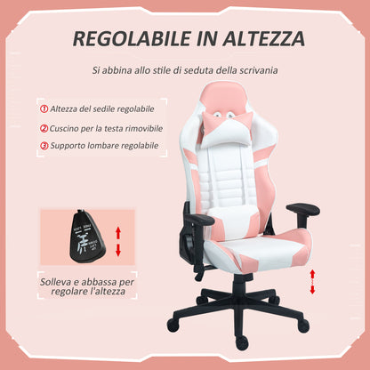 HOMCOM Gaming Chair in Faux Leather Reclining Up to 155° with Headrest and Lumbar Support, Pink - Borgè