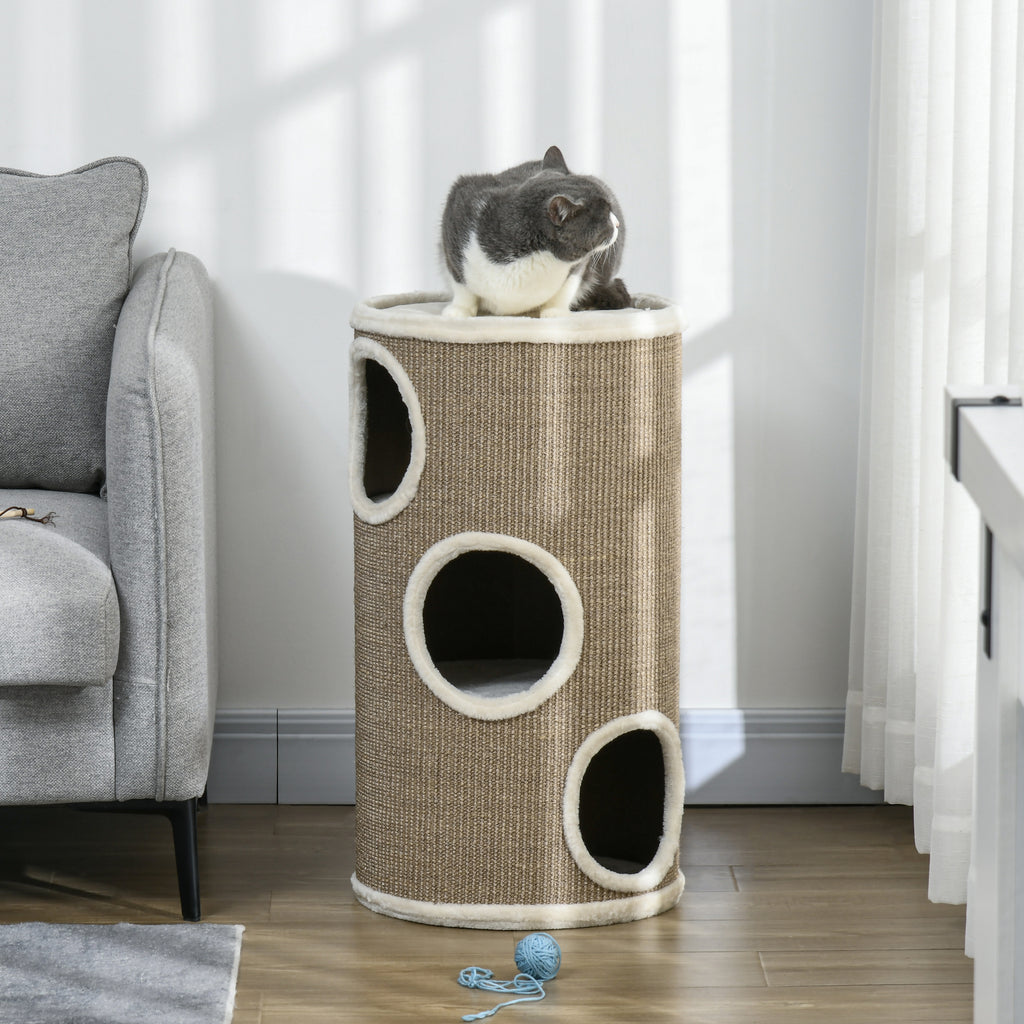 3-Tier Cat House with Sisal Scratching Post and Plush, Ø38x70cm, Brown