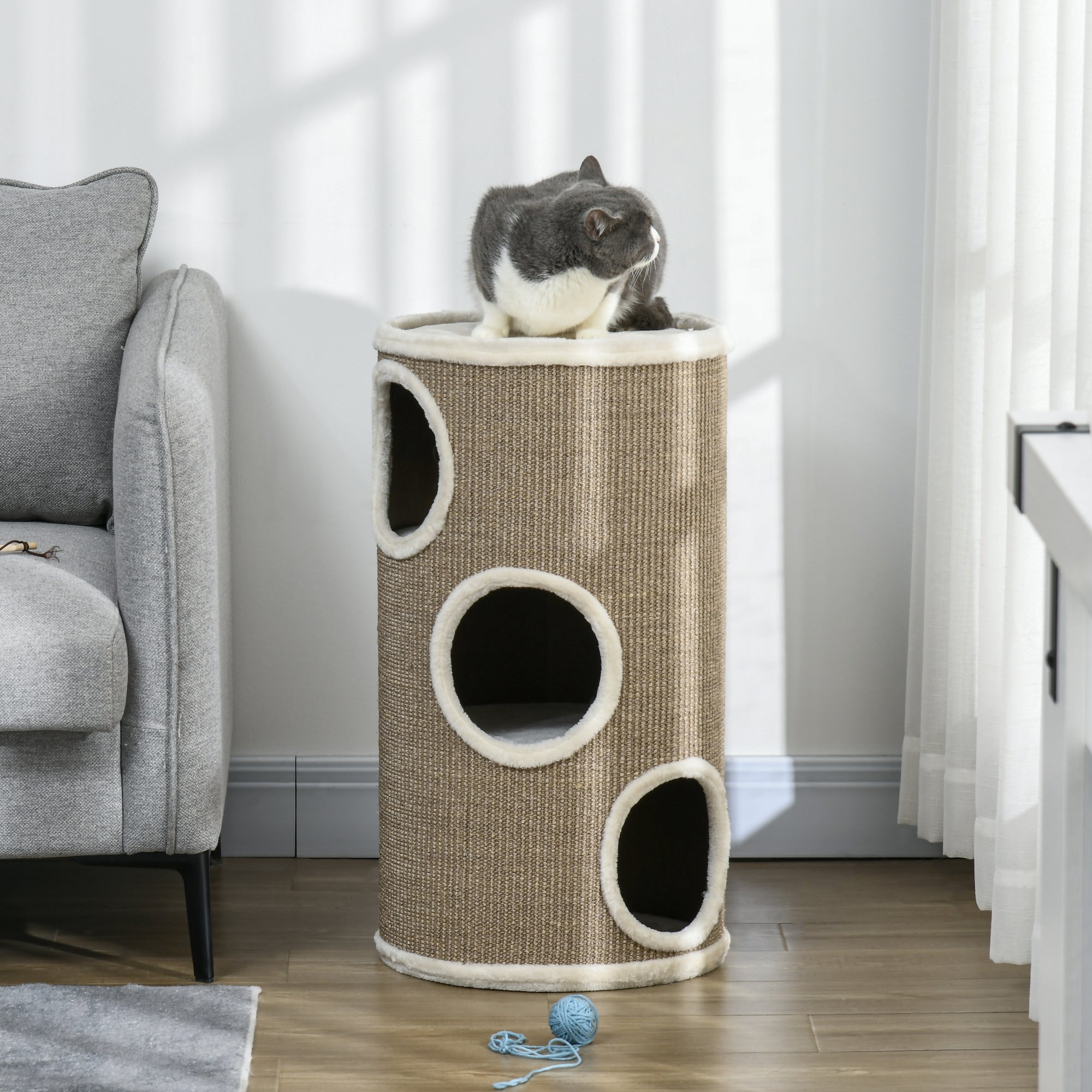 3-Tier Cat House with Sisal Scratching Post and Plush, Ø38x70cm, Brown