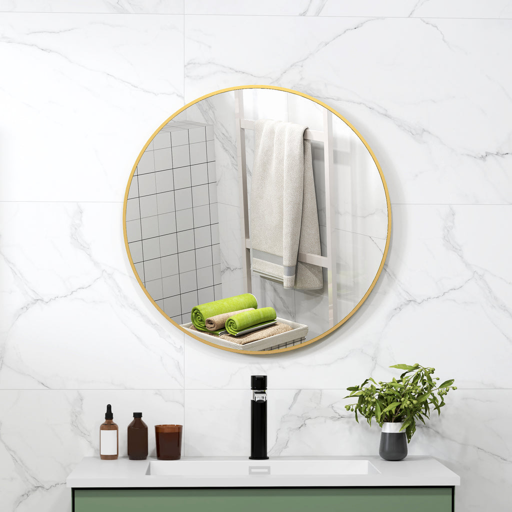 Round Bathroom Mirror with Shockproof Surface, Glass and Steel, Ø70x2.5 cm, Gold Color