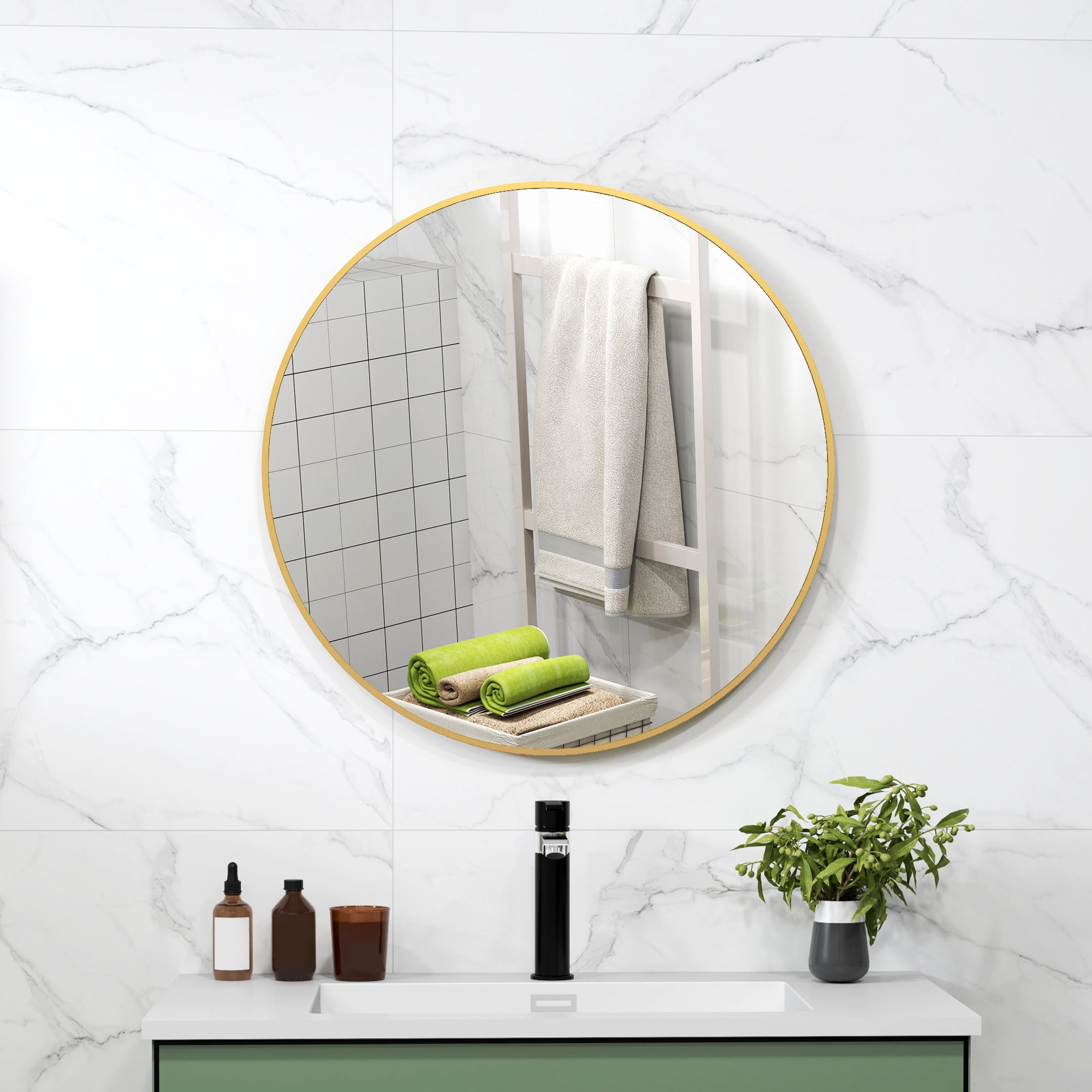 Round Bathroom Mirror with Shockproof Surface, Glass and Steel, Ø70x2.5 cm, Gold Color
