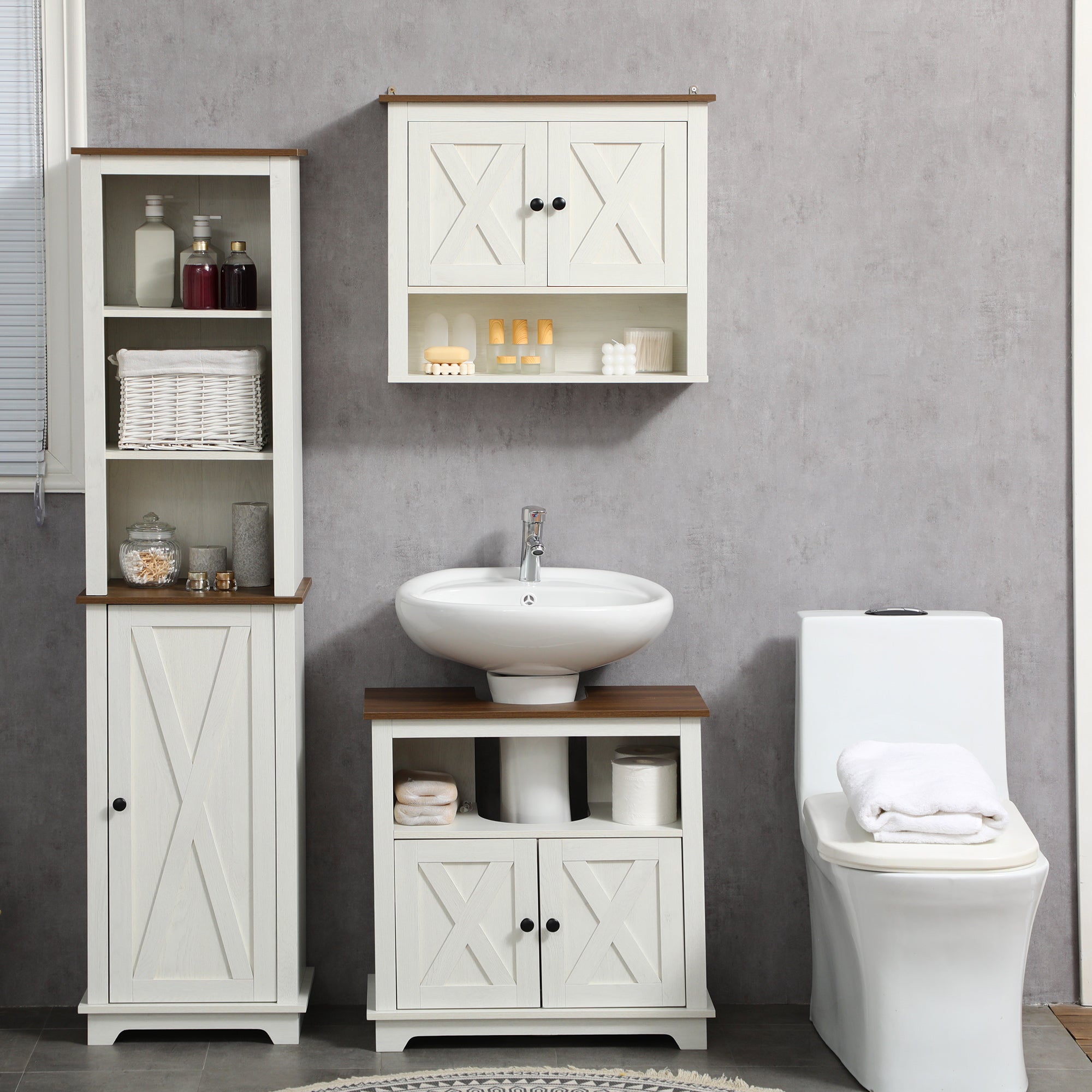 kleankin Bathroom Cabinet Under Sink with 2-Door Cabinet and Open Shelf, Chipboard, 60x30x60 cm - Borgè