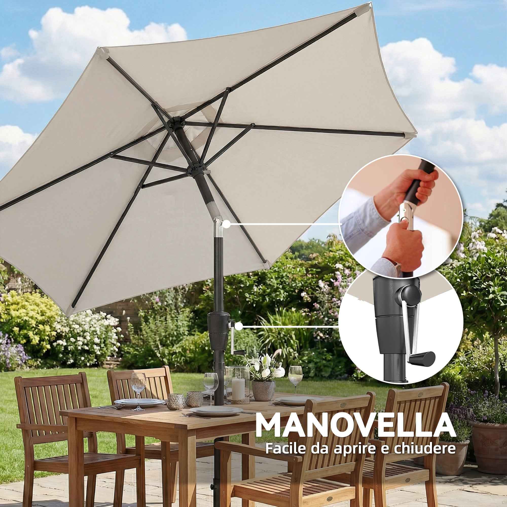 Outsunny 2x2m Tilting Garden Umbrella with 6 Ribs and Crank Handle, in Metal and Polyester, Light Grey