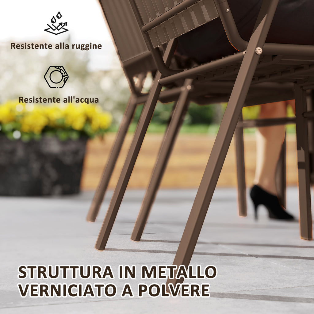 Set of 4 Stackable Outdoor Chairs with High Backrest and Armrests, in Steel and PP, 56x66x91 cm, Dark Brown