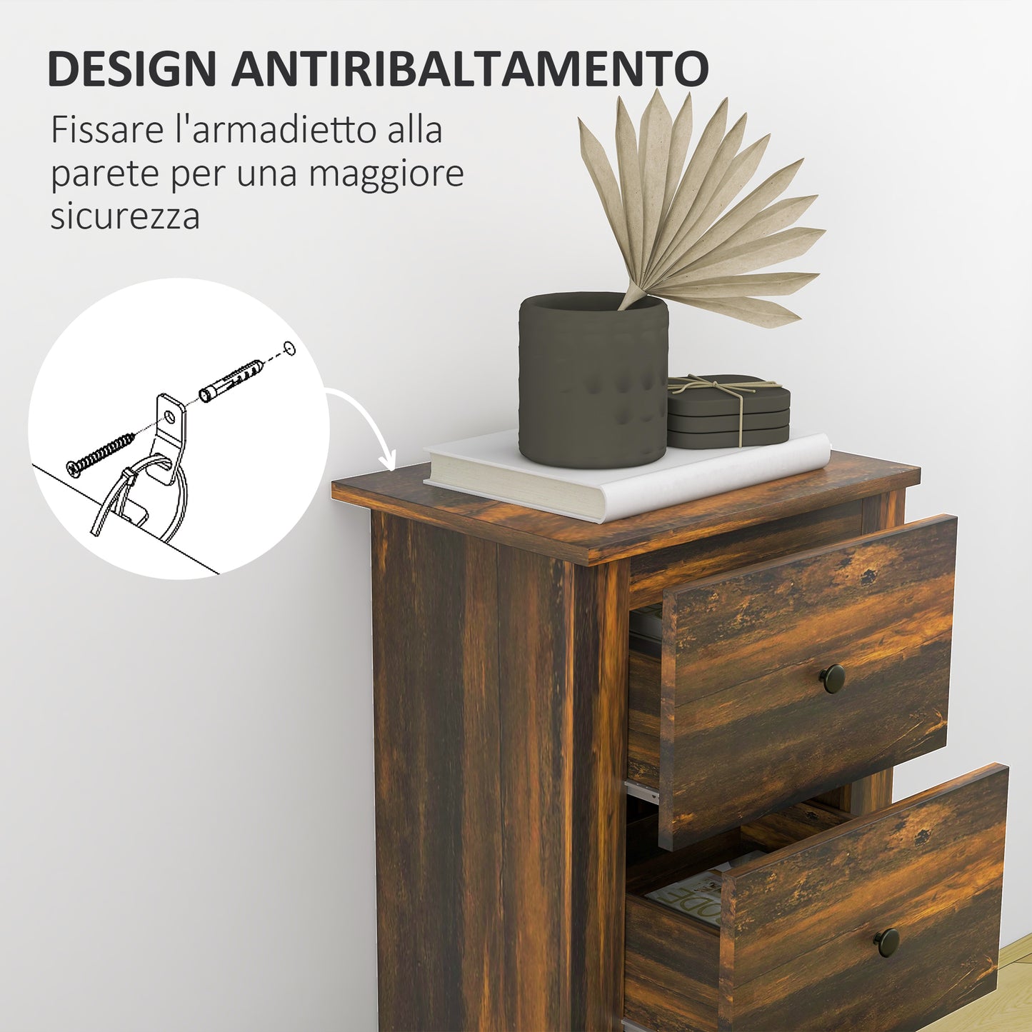 Bedside table with 3 drawers in rustic style in wood, 40x30x74 cm, Brown