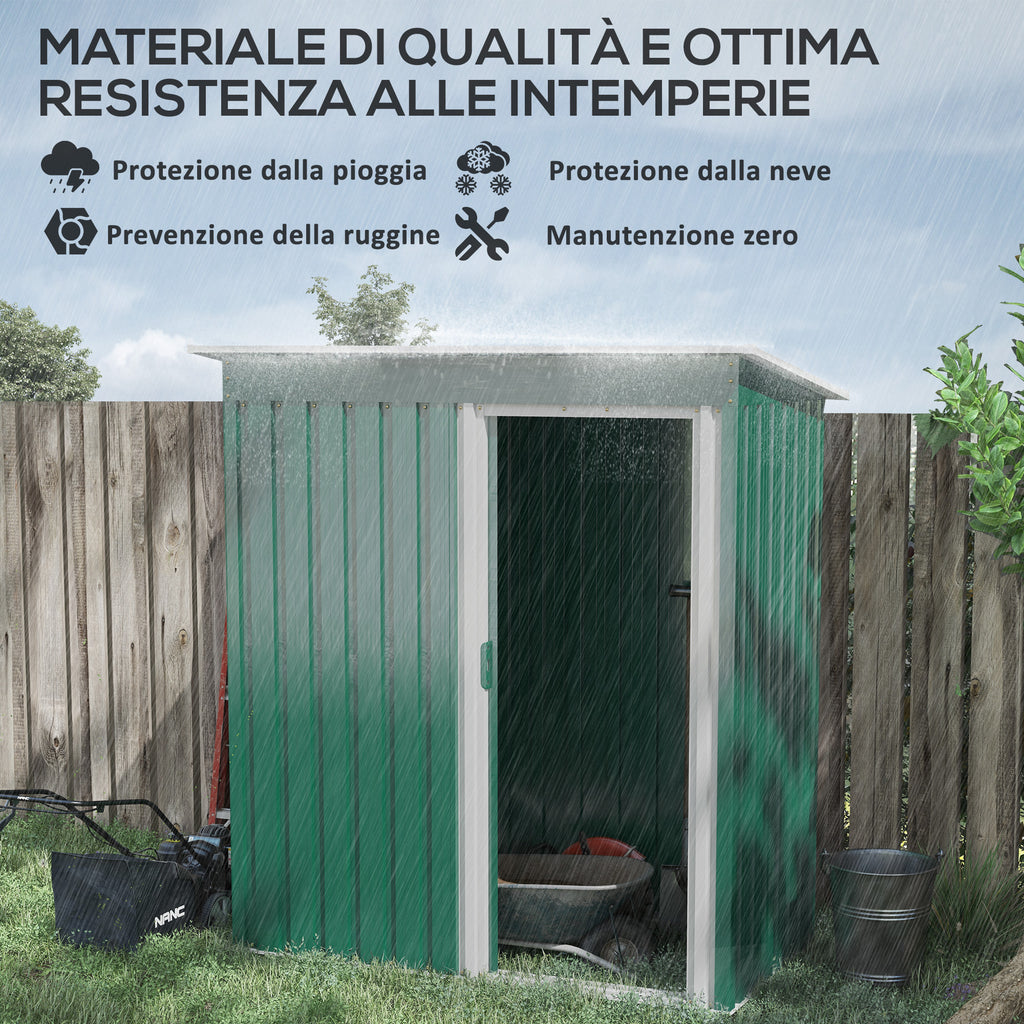 Tool Shed with Sloping Roof and Sliding Door, in Galvanized Steel, 163x89x182 cm, Green
