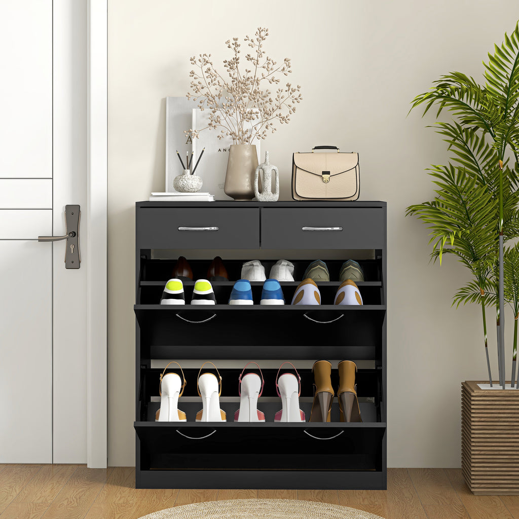 Shoe Rack of 12 Pairs with 2 Adjustable Internal Shelves and 2 Drawers, in Wood, 80x30x91.5 cm, Black