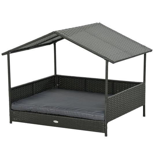 PawHut Raised Dog House with Removable Cushion, in PE Rattan and Steel, 117x85x89 cm, Gray and Brown - Borgè