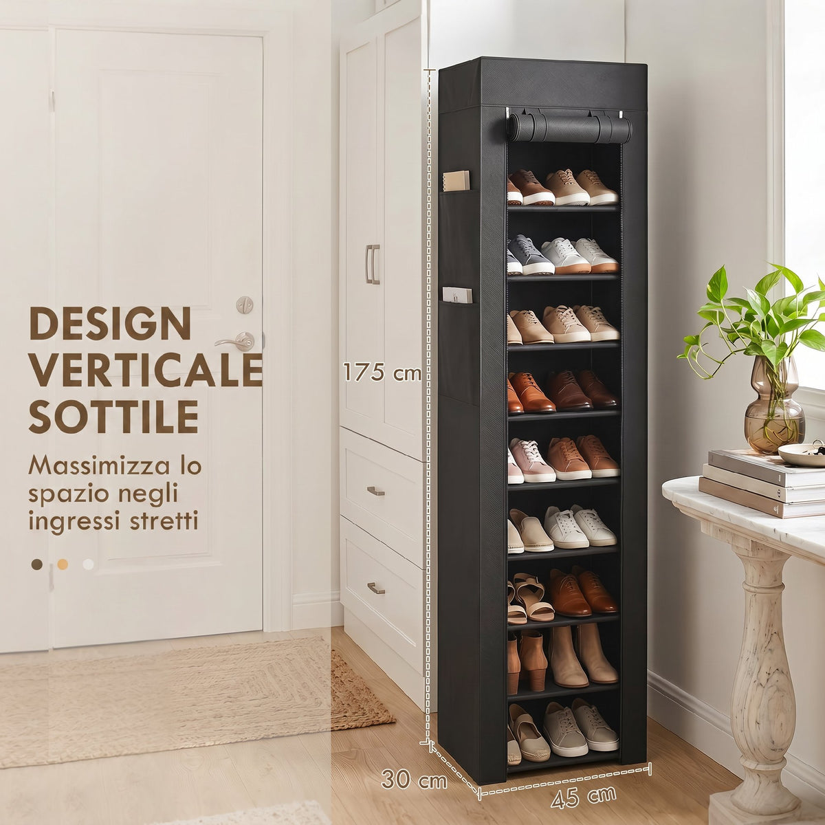 HOMCOM 10-Tier Shoe Rack, Dust Cover, 20 Pairs, 45x30x175 cm, Black
