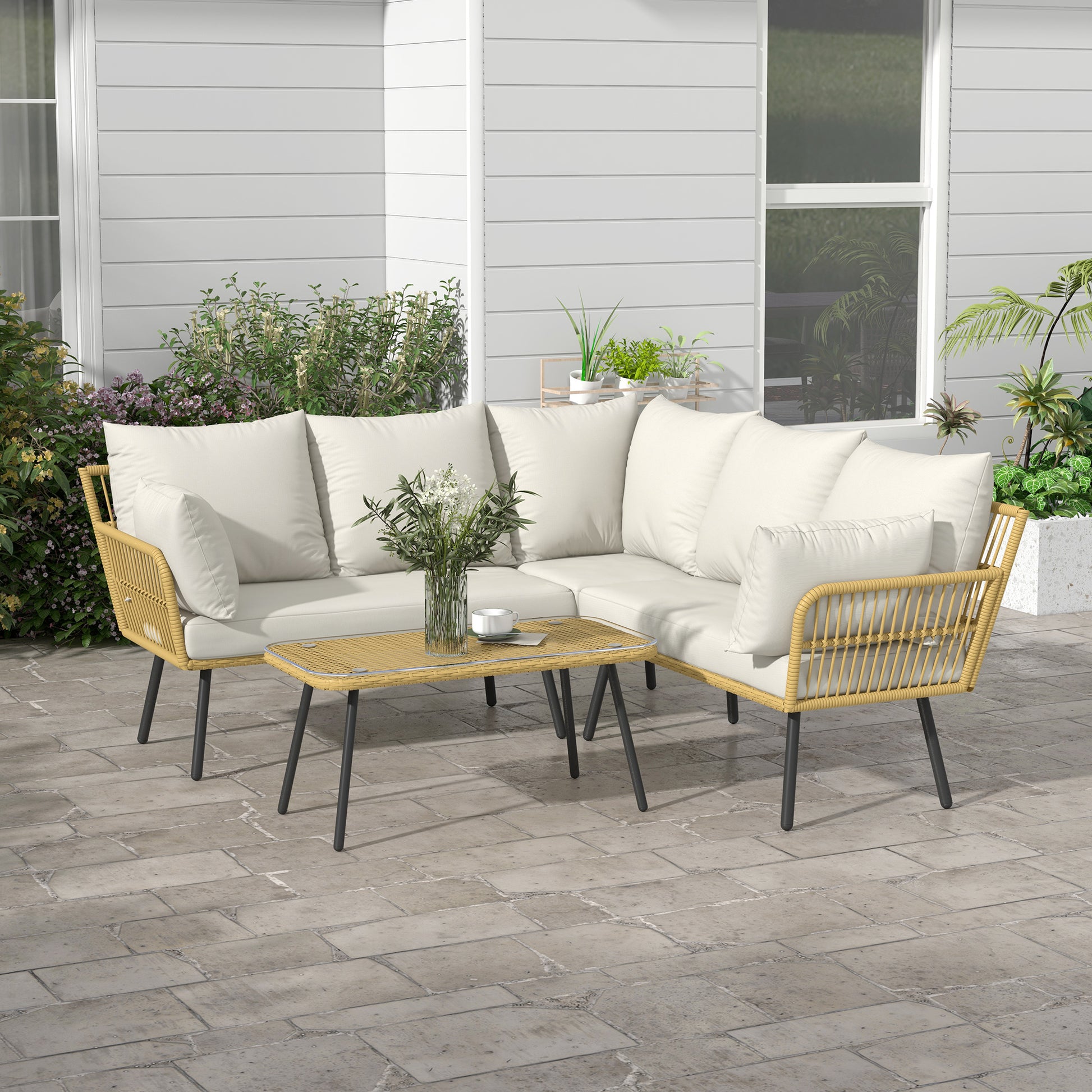 4-Piece Garden Set in PE Rattan with Outdoor Table 90x45x42 cm and 2 Outdoor Sofas 6x63x74 cm, Cream White - Borgè