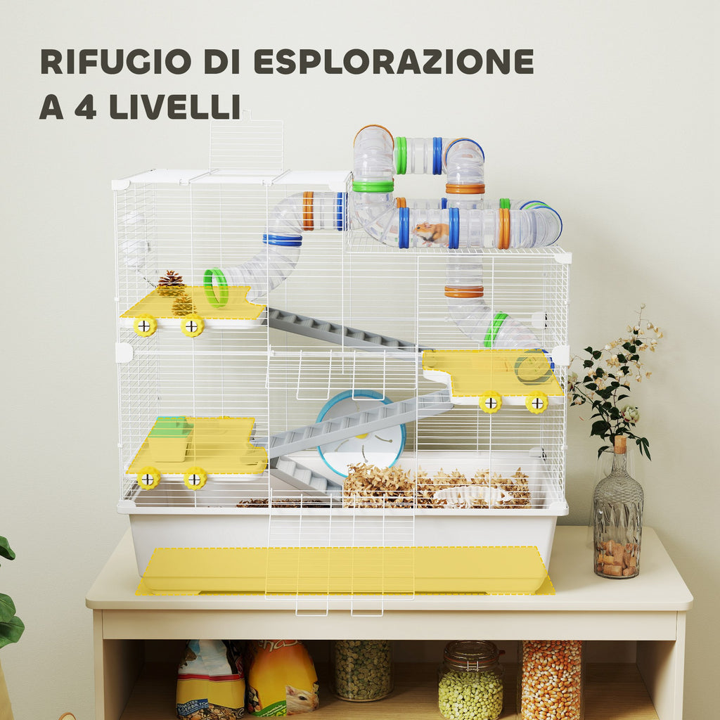 4-Tier Hamster Cage with Tubes, Wheel, 3 Doors and Tray, in Metal, PP and PS, 78x45x73 cm, White