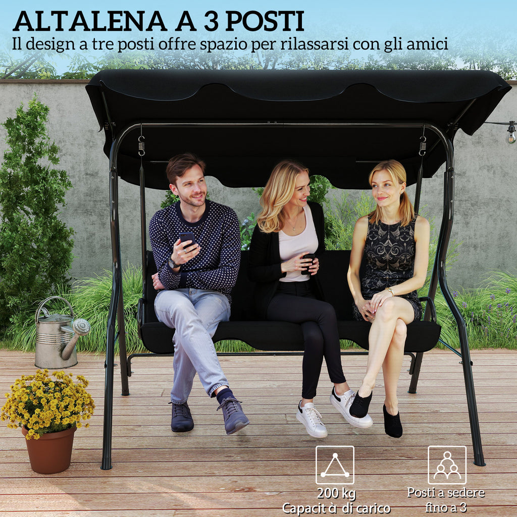 Outsunny 3-Seater Swing with Adjustable Canopy and Cushions, Steel and Polyester, 170x110x153 cm, Black