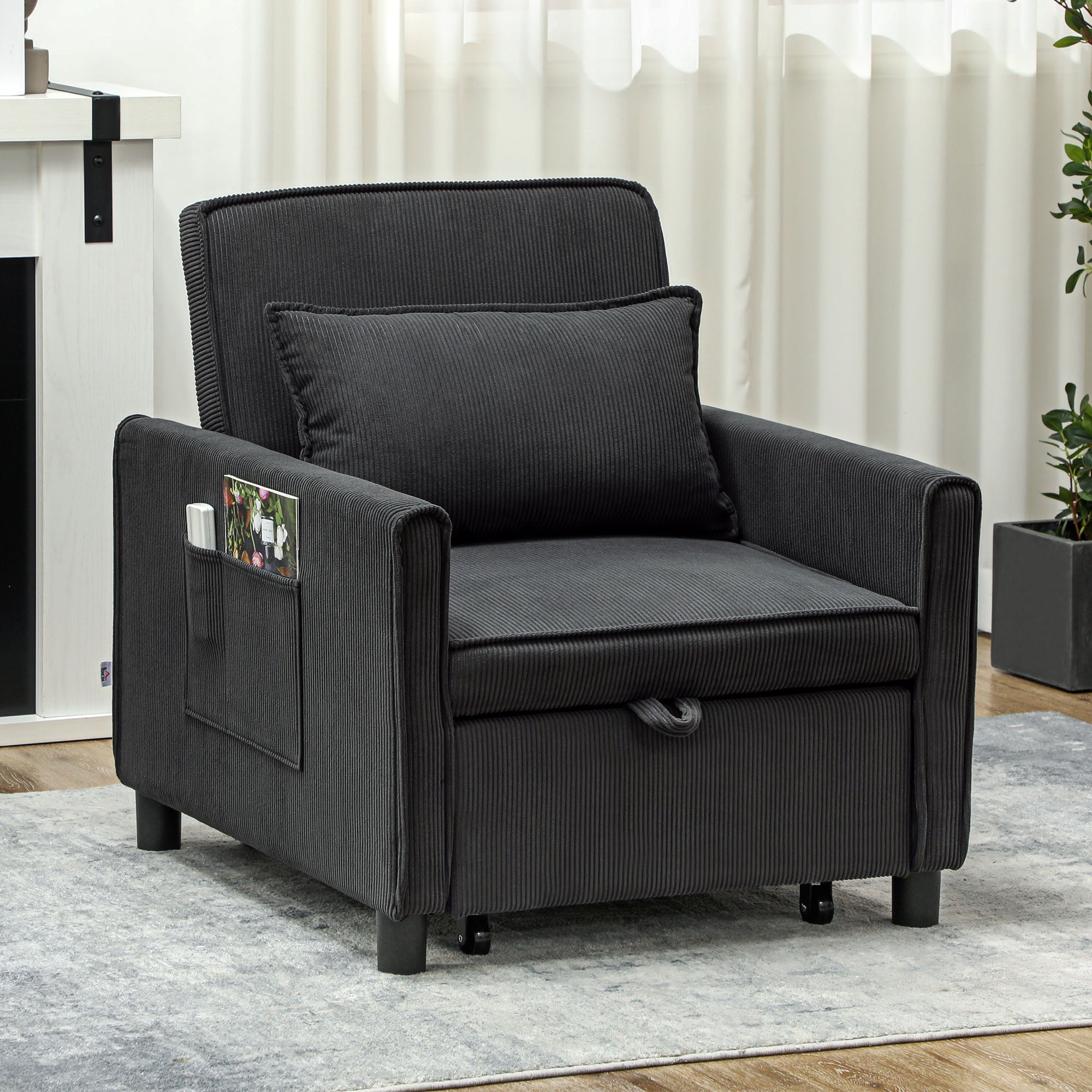 Reclining Armchair Bed with Side Pockets, in Velvet Effect Fabric, 74x84x81 cm, Dark Gray