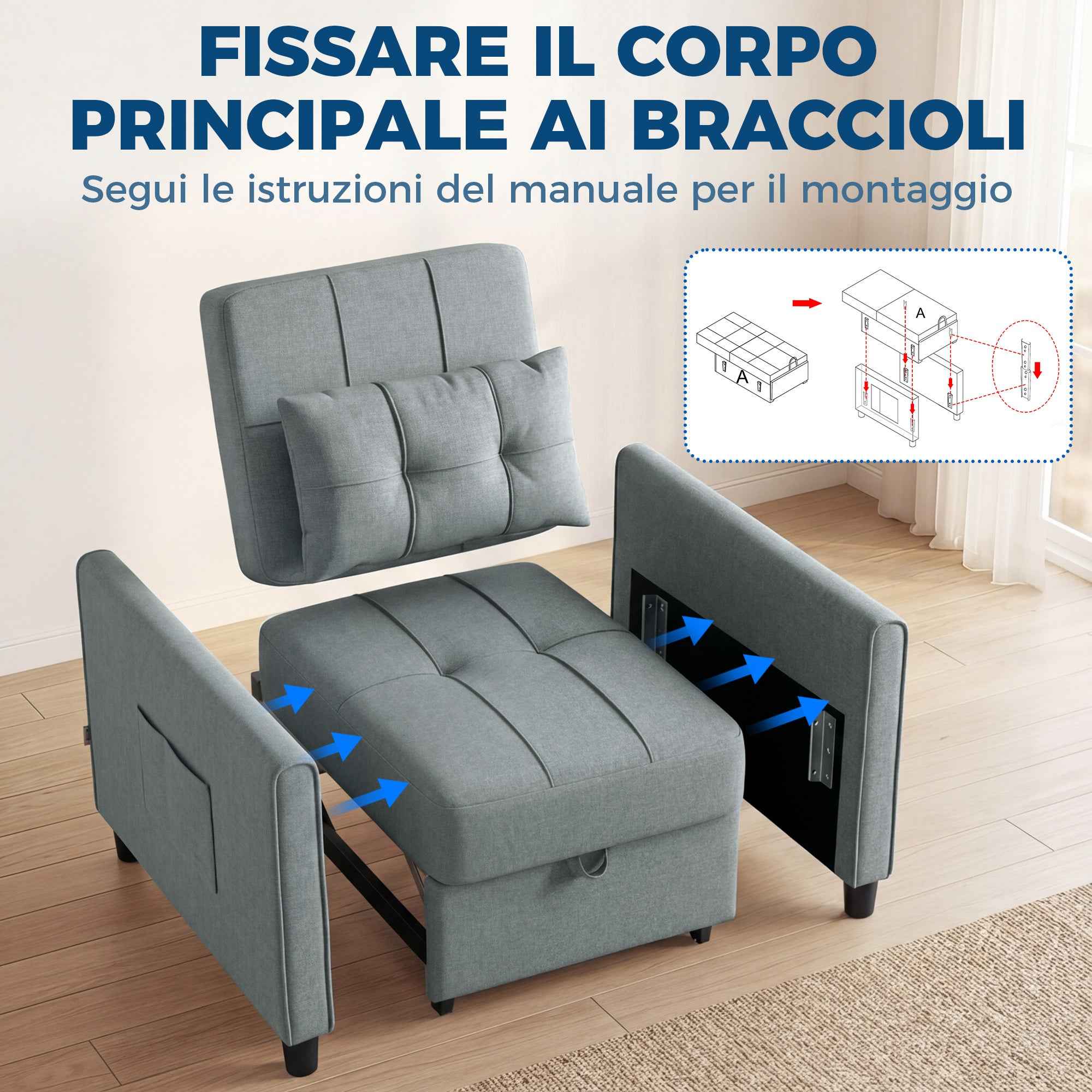 Folding Convertible Sofa Bed with Adjustable Backrest and Cushion, Grey
