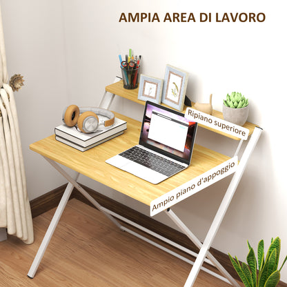 Folding Desk with Raised Shelf and X-Legs, in Wood and Steel, 86x66x82 cm, White and Wood Colour