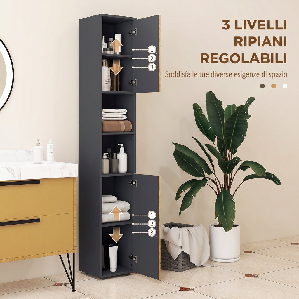 kleankin Chipboard Bathroom Column with 2 Open Shelves and 2 Double-Tier Cabinets, 30x30x183 cm, Oak