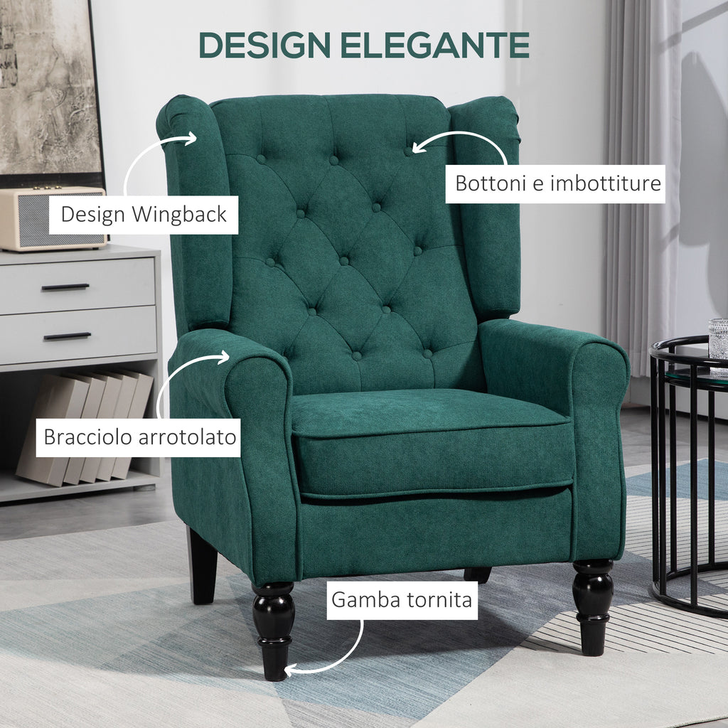 French Style Living Room Armchair with Padded Seat and Cushions, Polyester, 74x86x102 cm, Dark Green