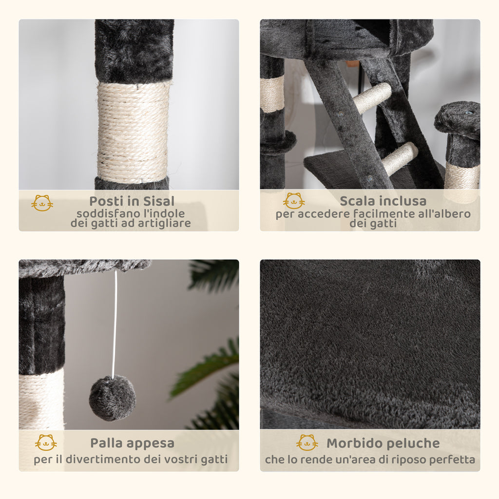 Multi-Level Ceiling Cat Scratching Post with Adjustable Height 240-260cm, with Kennels and Ladders, Grey