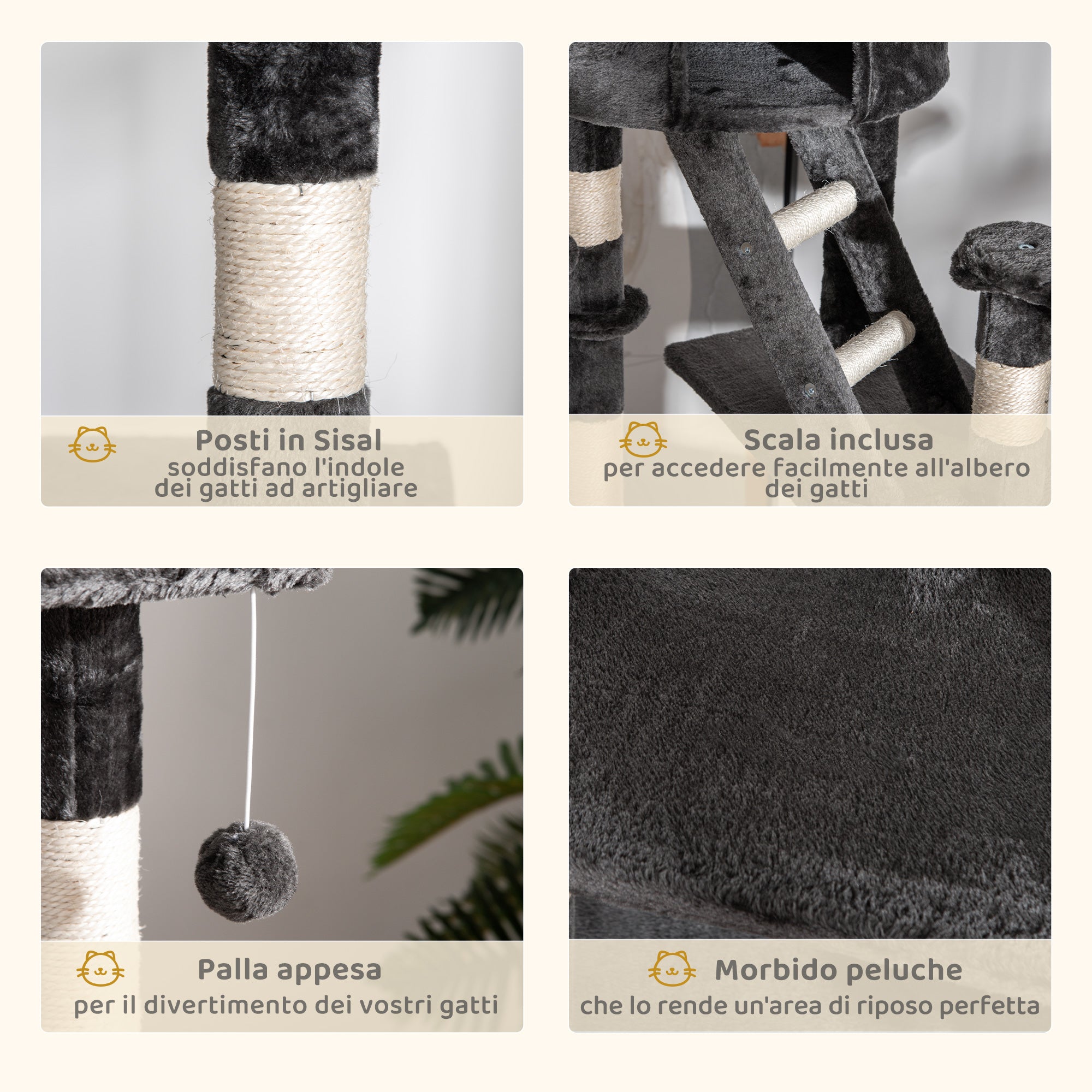 Multi-Level Ceiling Cat Scratching Post with Adjustable Height 240-260cm, with Kennels and Ladders, Grey