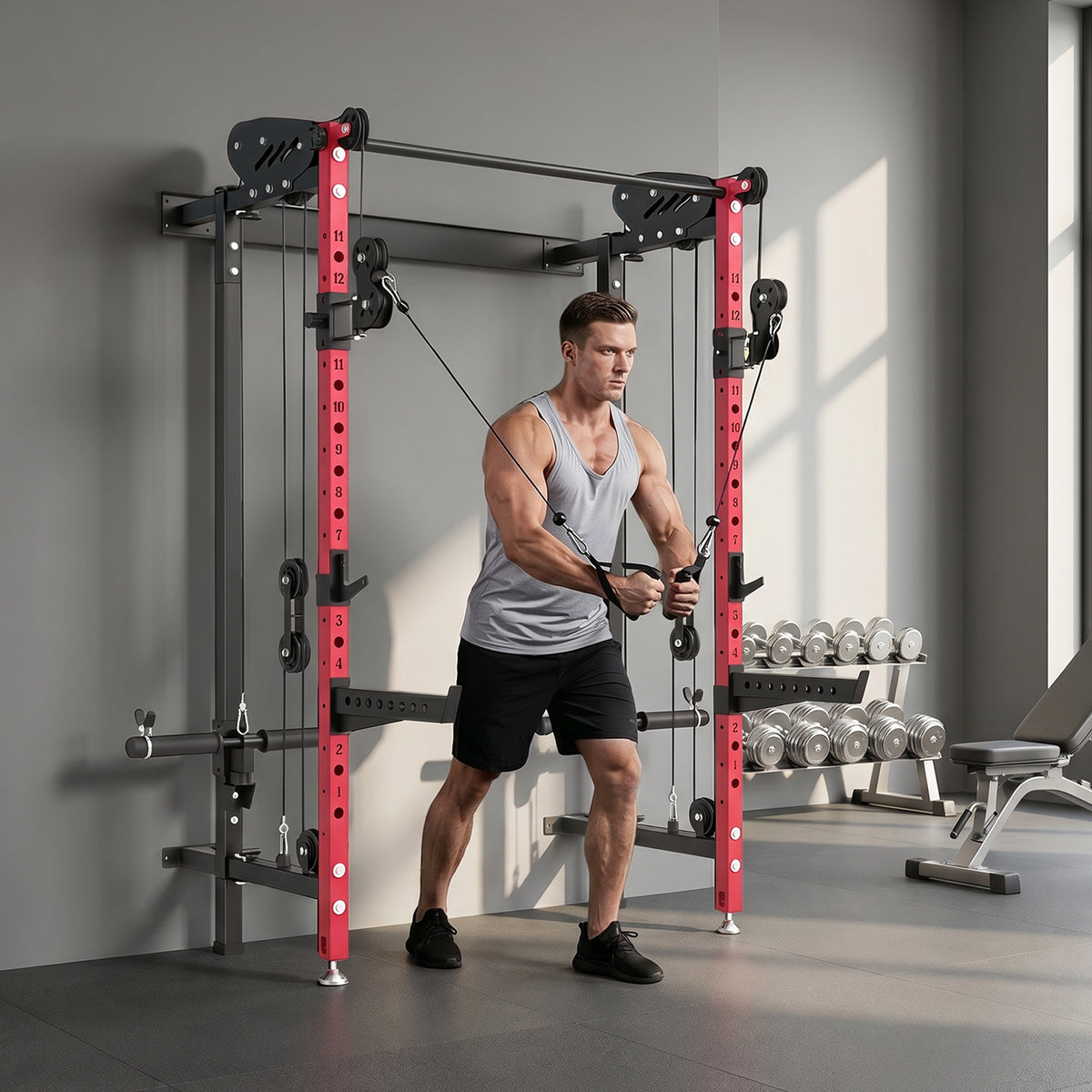 SPORTNOW Folding Power Cage, Rack with Pull-Up Bar and Cable Pulley System, Red