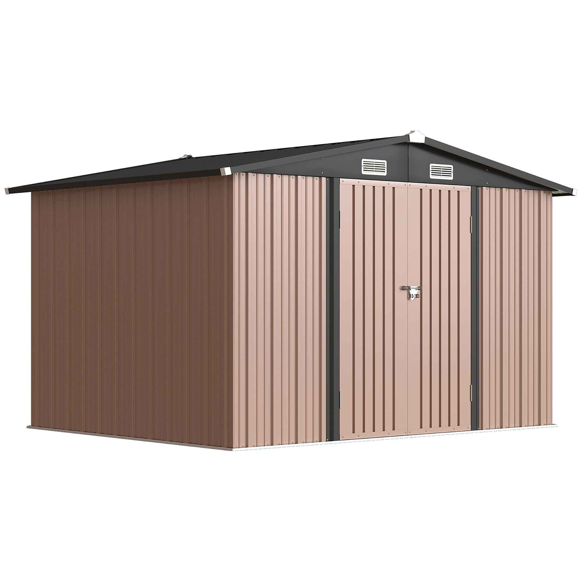 Outsunny 305 x 245 cm Metal Storage Shed, Sturdy Garden Shed with 4 Vents and Lockable Double Doors, Brown