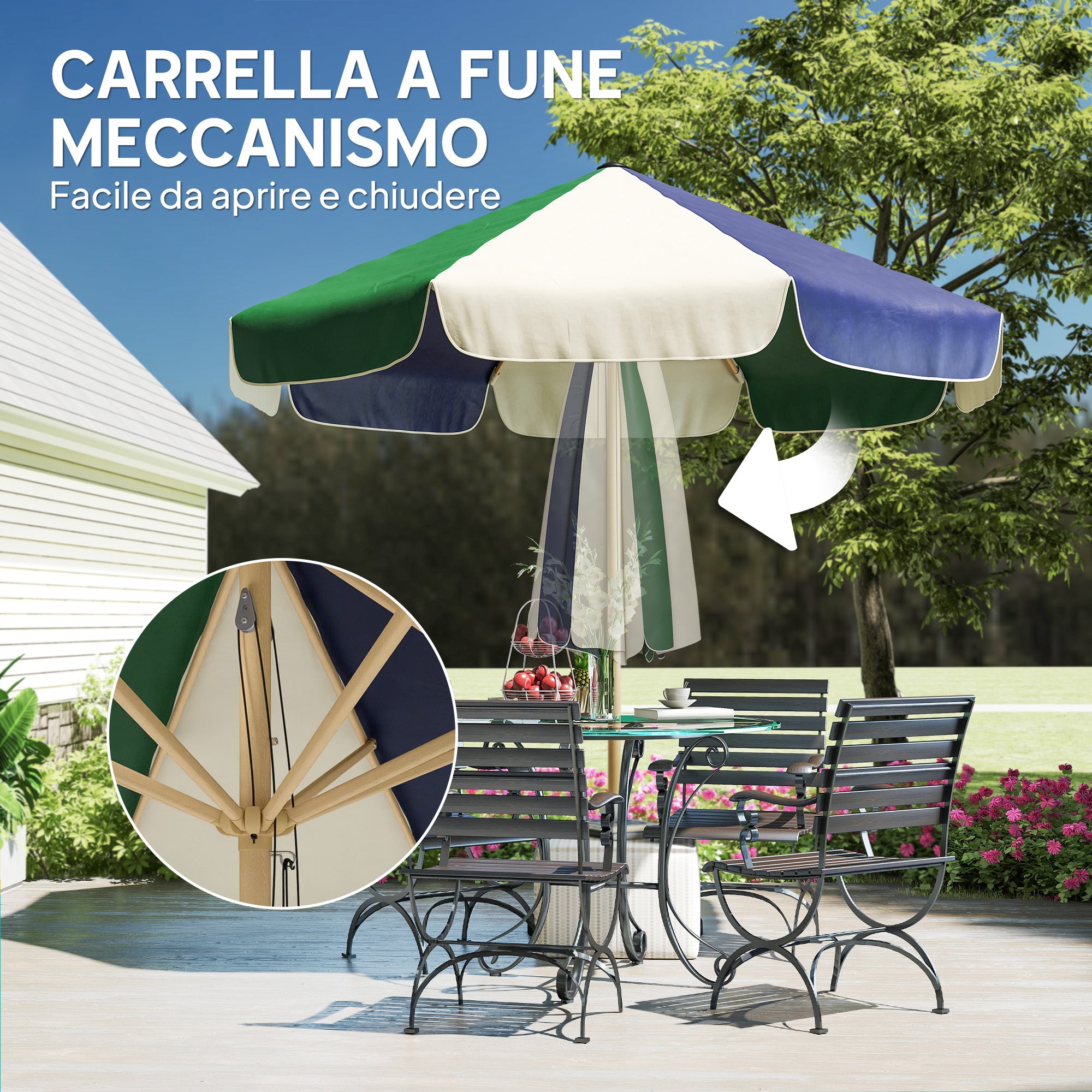 Outsunny Garden Umbrella with Wood Effect Frame, Color Block Canopy with 8 Ribs, UV 30+