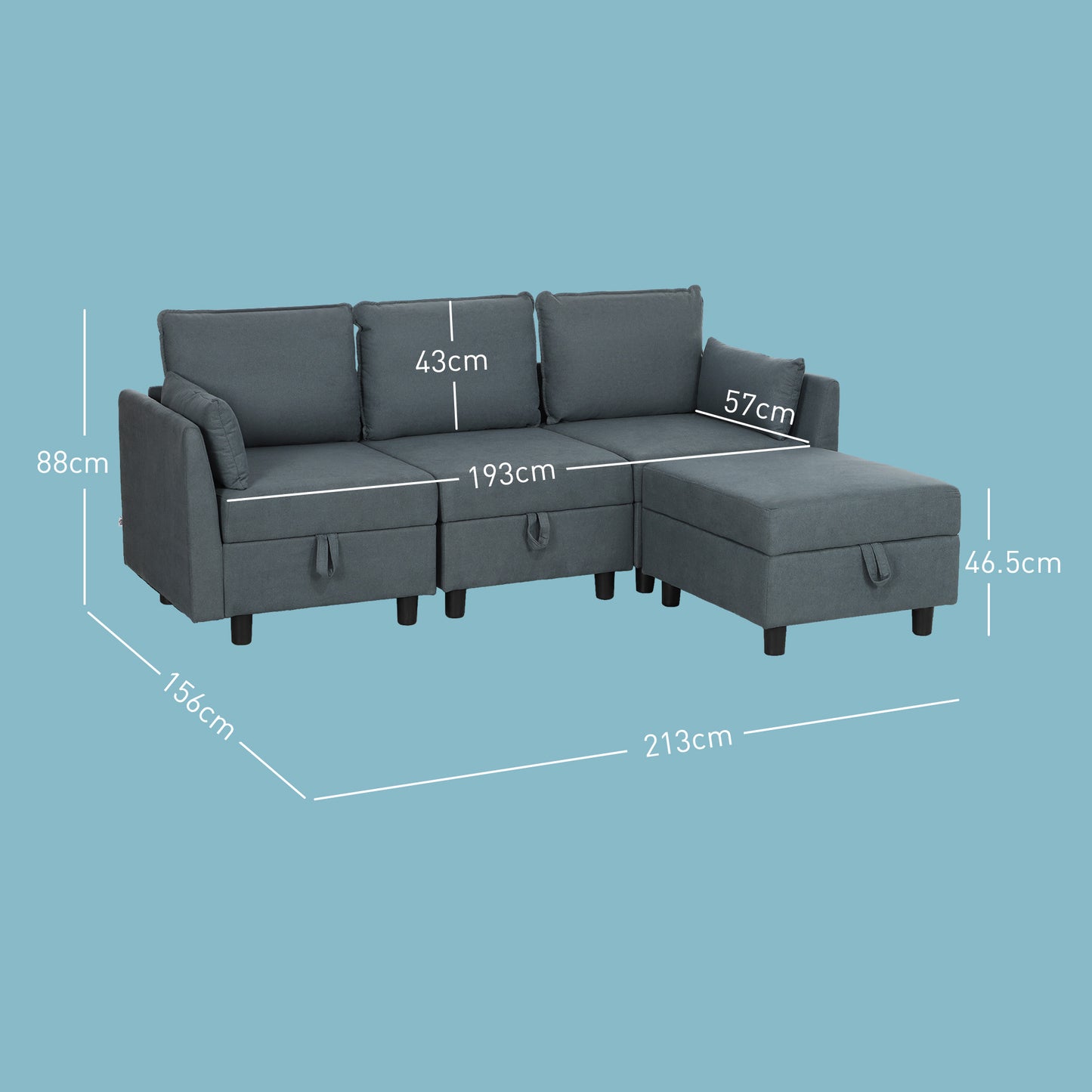 Modern  3 Seater Modular Sectional Sofa with Footrest and Cushions, Flannel Upholstery, Dark Grey