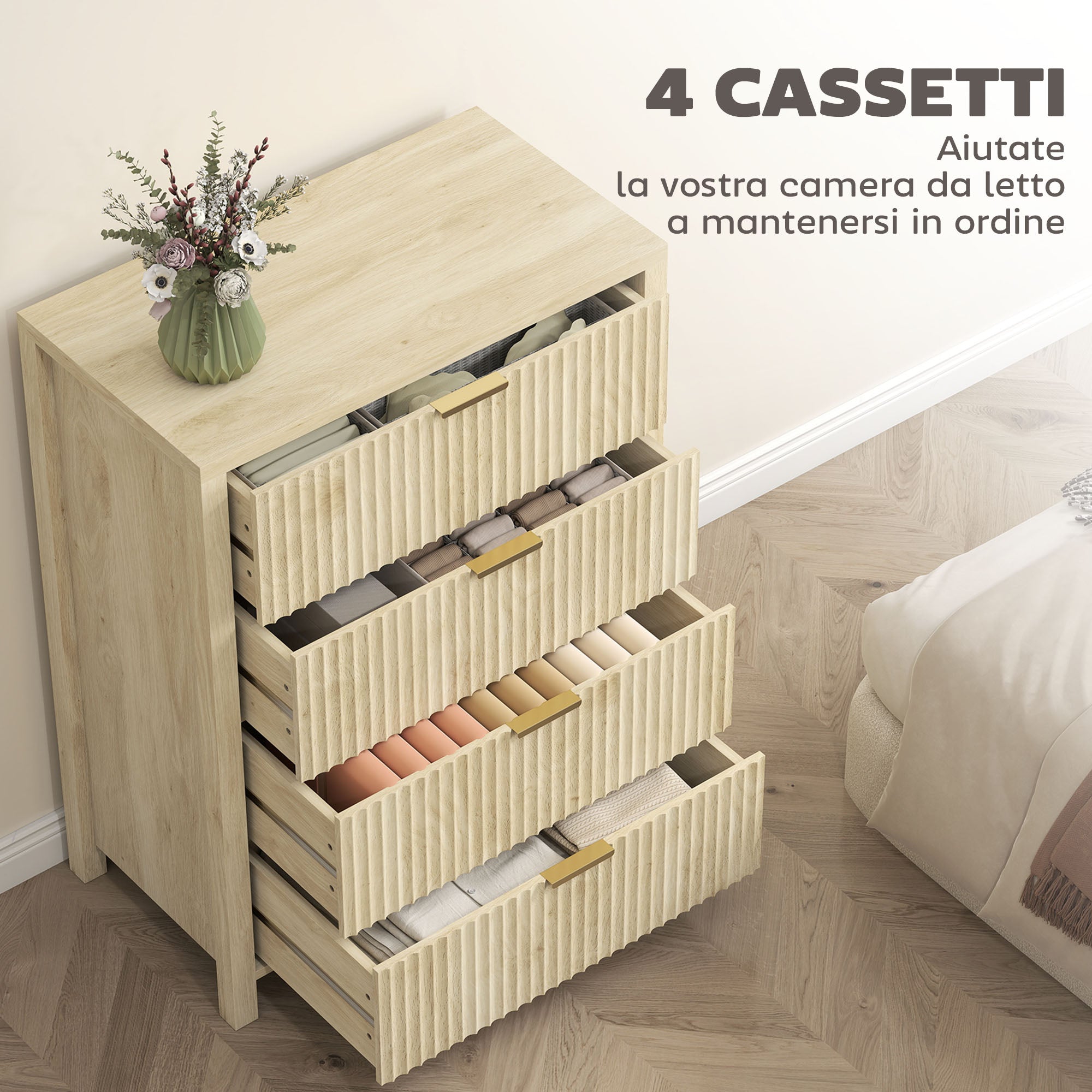 Chest of Drawers with 4 Grooved Drawers and Golden Handles, 70x38x93 cm, Natural Wood