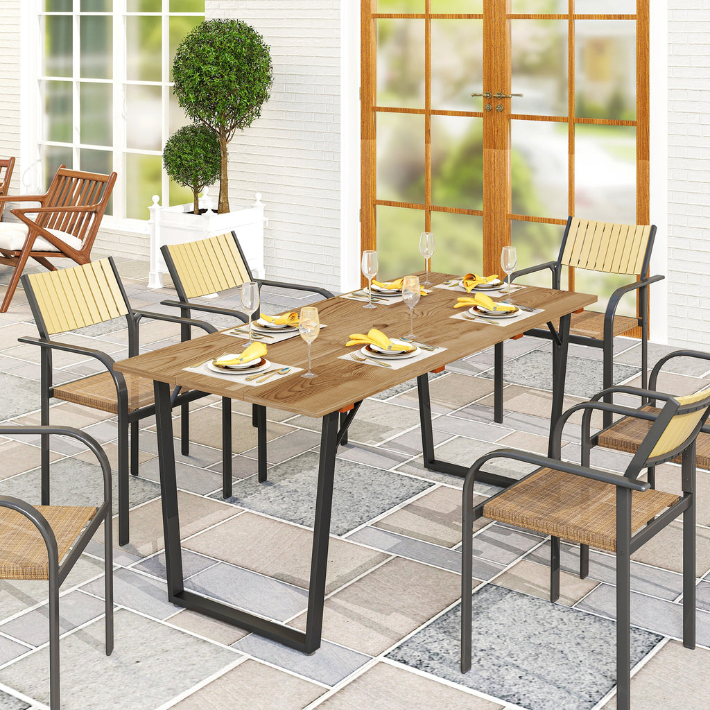 6 Seater Rectangular Garden Table with Umbrella Hole, Wood and Steel, 175x80x75 cm, Brown
