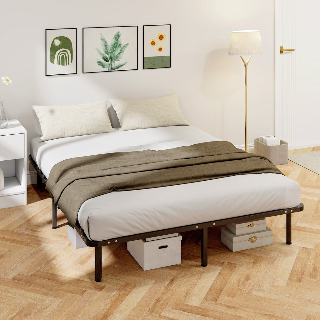HOMCOM Industrial Double Bed with 28 Slats and Storage Space, in Wood and Steel, 190x160x31 cm, Black and Wood