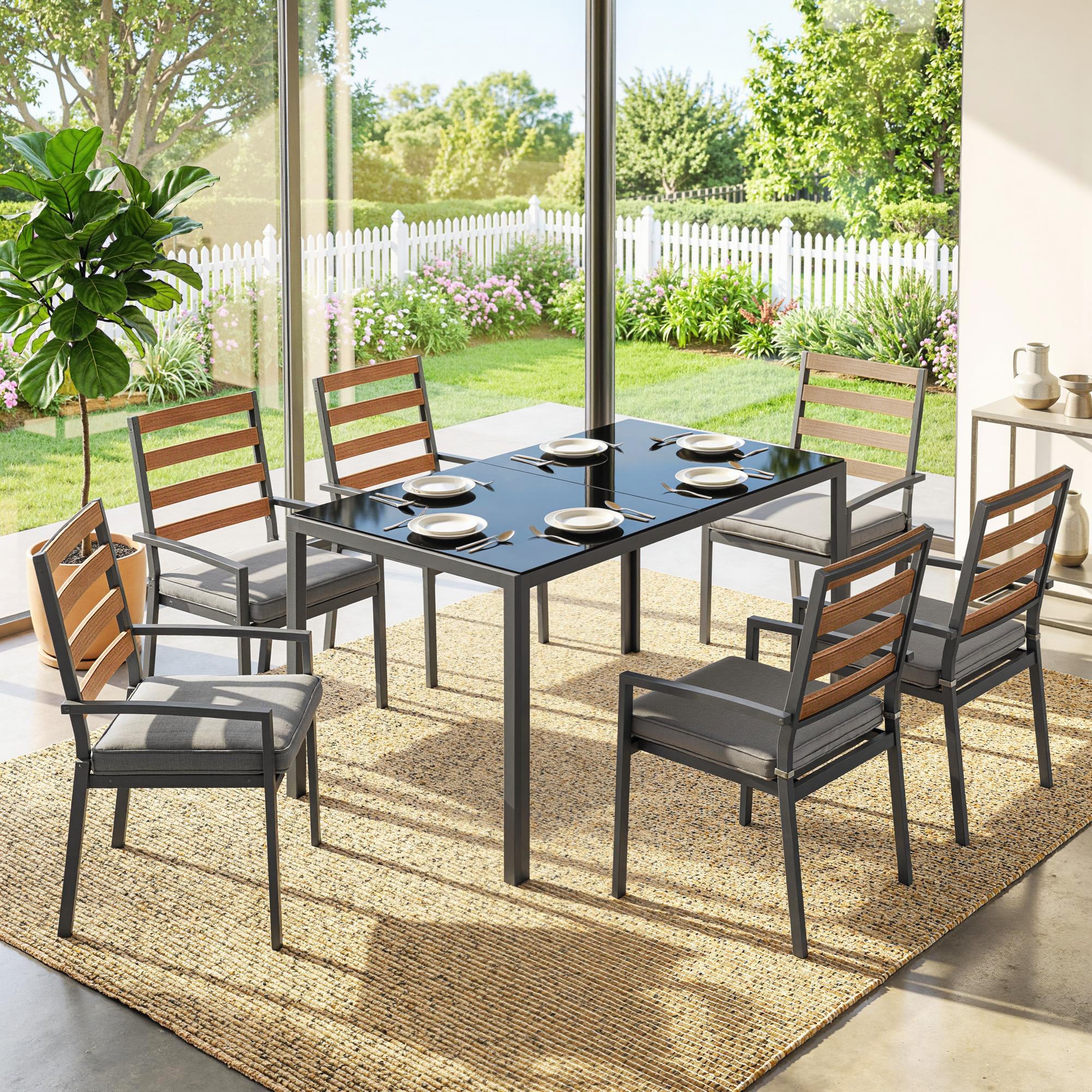 Outsunny 7-Piece Garden Dining Set with Table and 6 Chairs, Black