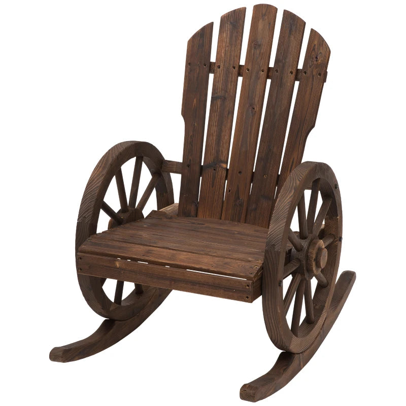 Adirondack Rocking Chair, Rustic Design with 2 Wheels, Burnt Spruce Wood, 88x68x92cm - Borge' Group Limited