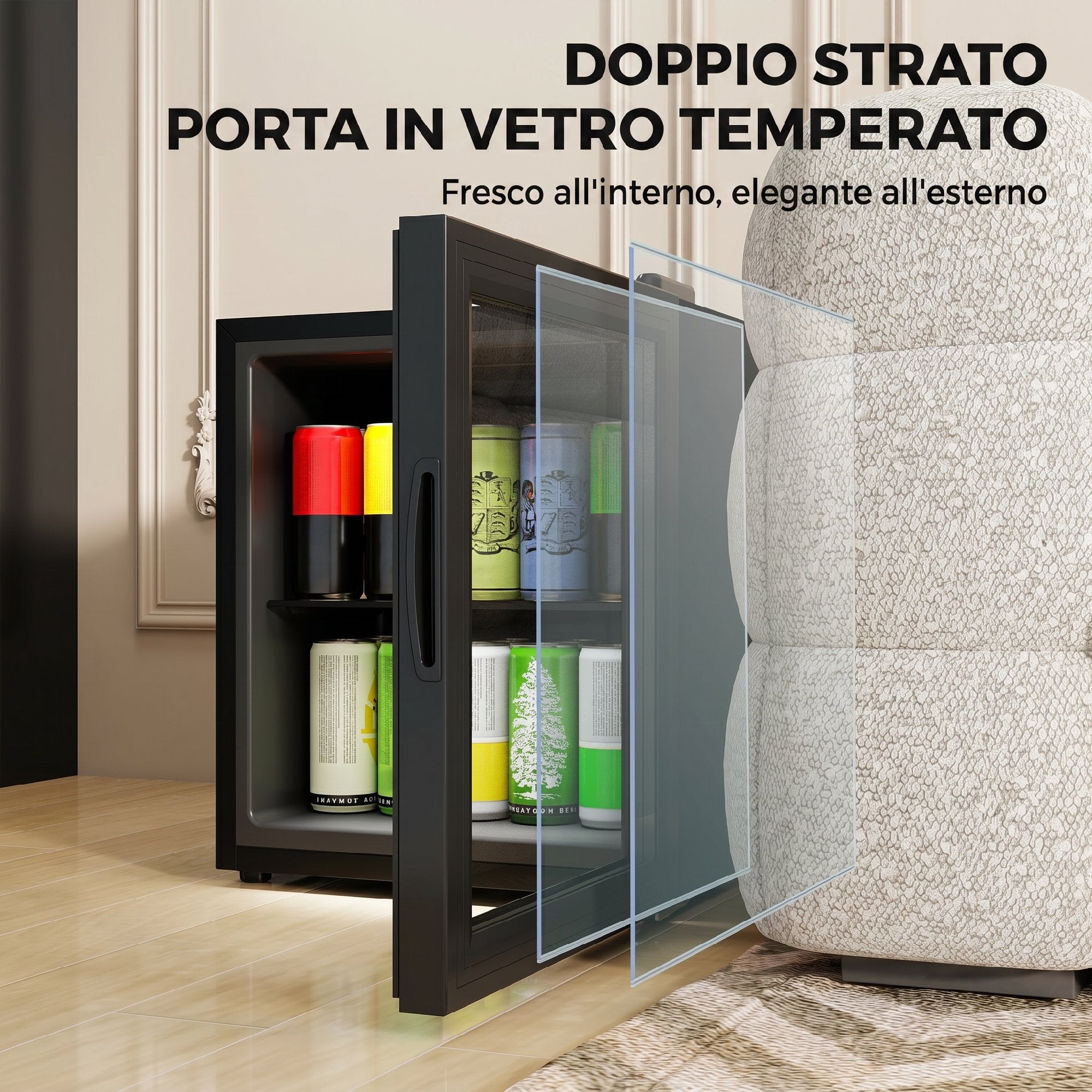 HOMCOM 46L Mini Office Fridge, 59 Cans, Adjustable Temperature 0-20℃ with Double Tempered Glass Door, Black