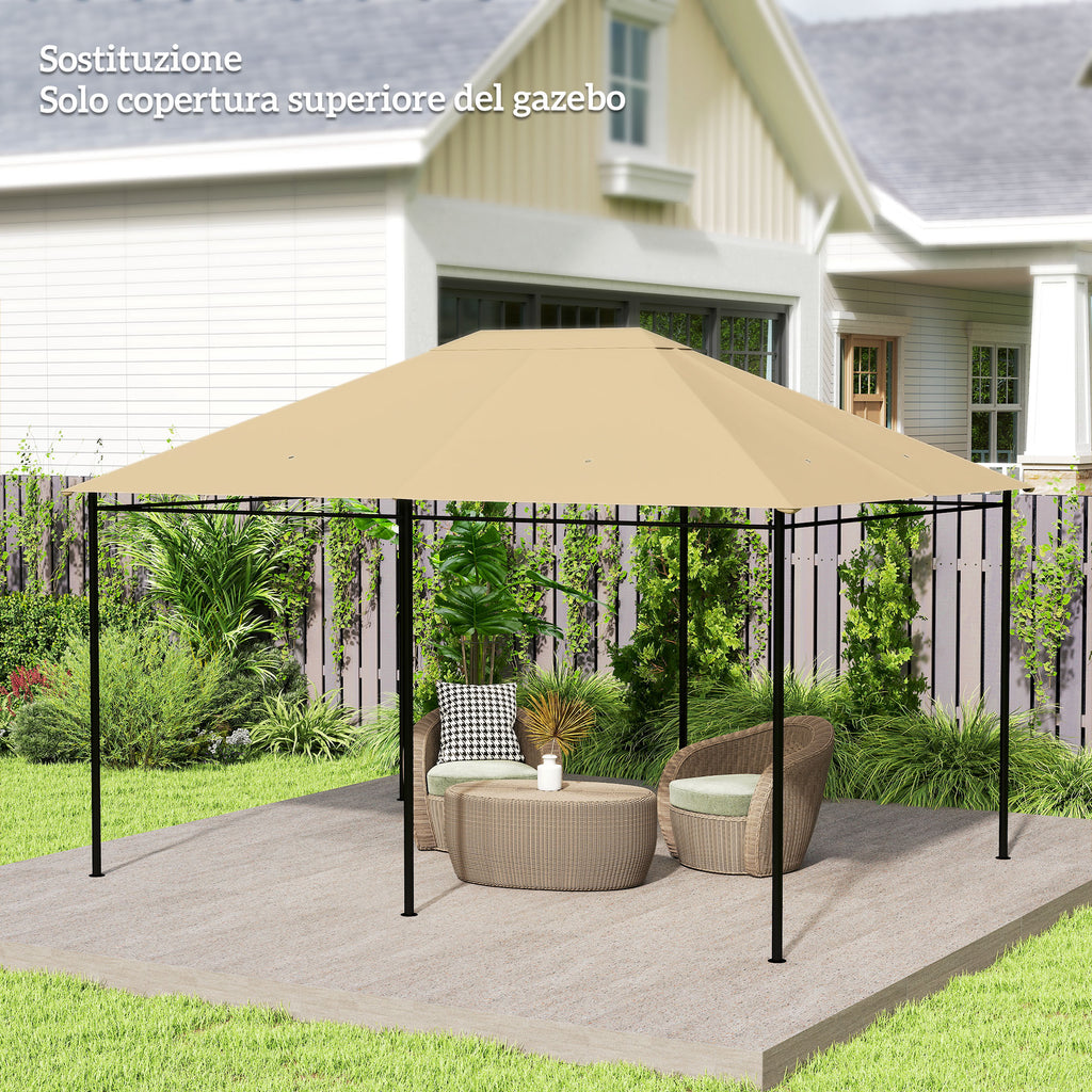 Outsunny 4x3m UV-Resistant Polyester Gazebo Replacement Roof with Air Vent, Khaki