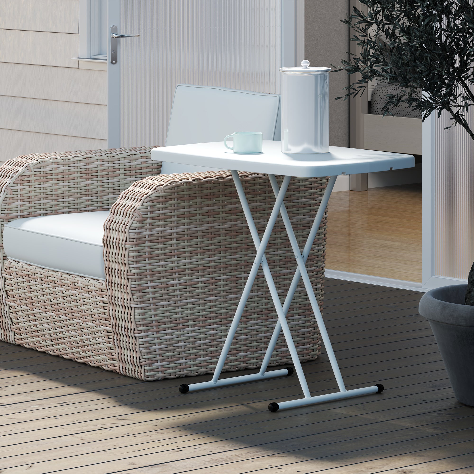 Folding Garden Coffee Table with Adjustable Height, Metal and HDPE, White