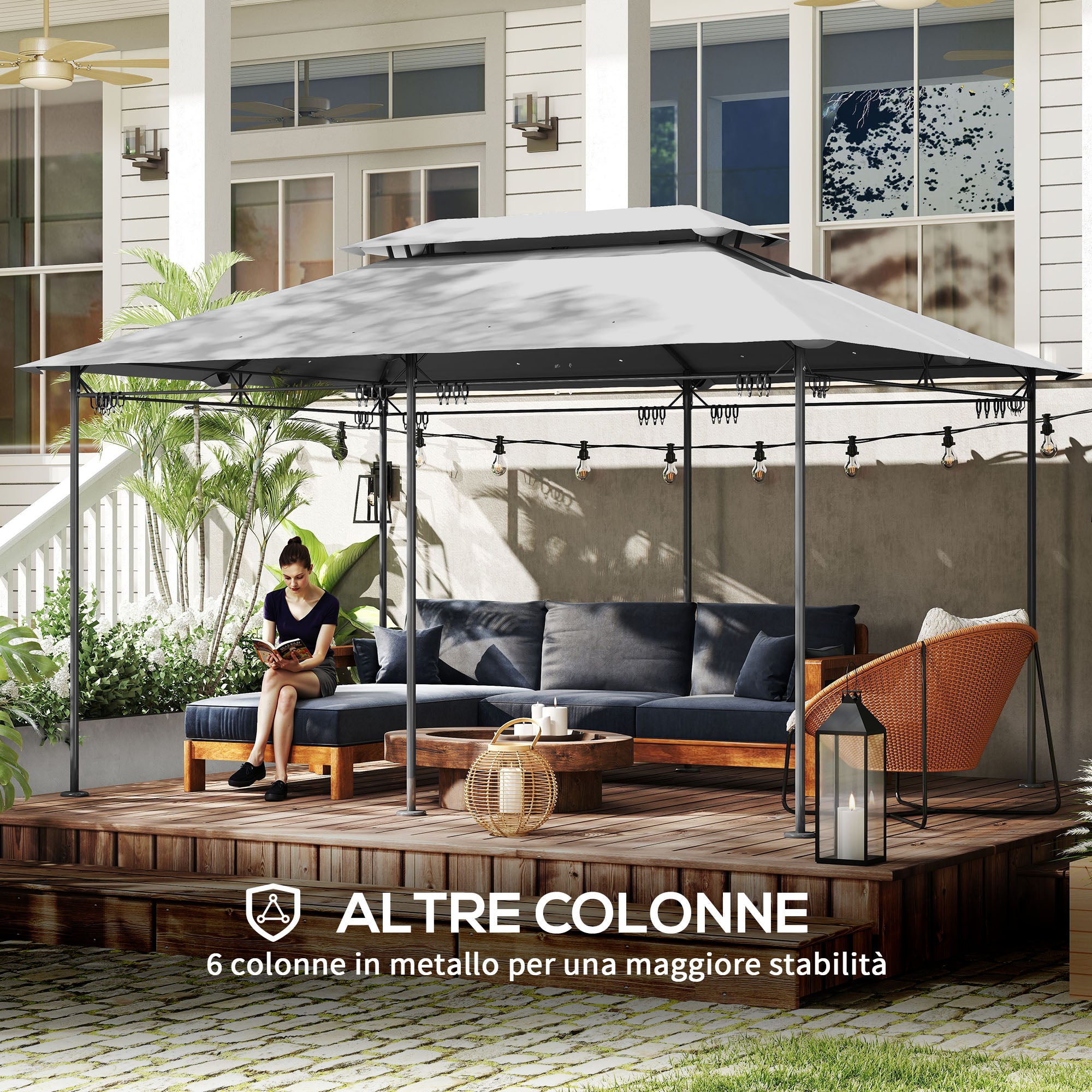 Outsunny 3x4m Garden Gazebo with Removable Curtains, Double Roof and Metal Frame, Grey
