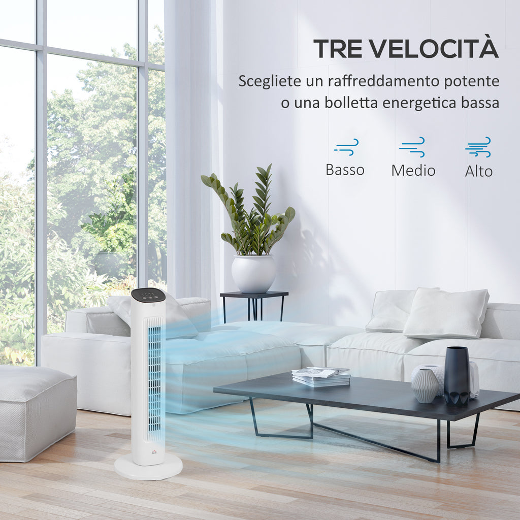 HOMCOM Column Fan with Remote Control and 3 Speeds, 15 Hour Timer, Oscillation and Night Mode, White - Borgè