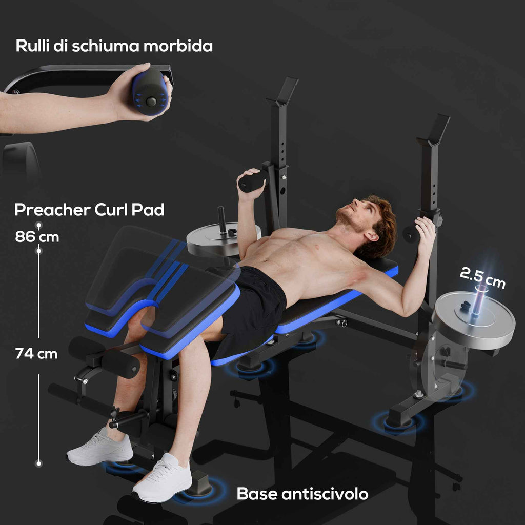 Multipurpose Bench with Barbell Support and Adjustable Backrest, Steel and Plastic, 175x139x127 cm, Black and Blue