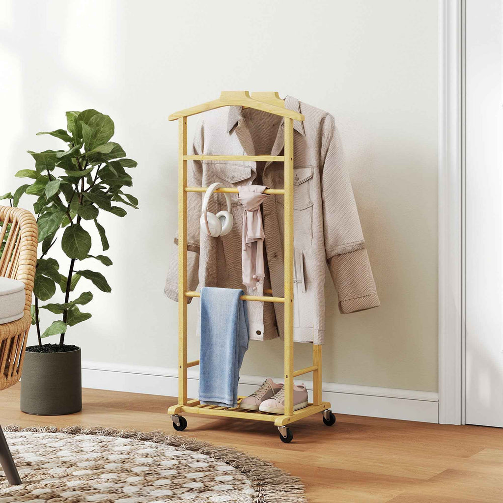 HOMCOM 4-in-1 Bamboo Valet Stand with Wheels, 2 Rods, Empty Pocket Tray and Shoe Shelf, 47 x 33.7 x 105.5 cm