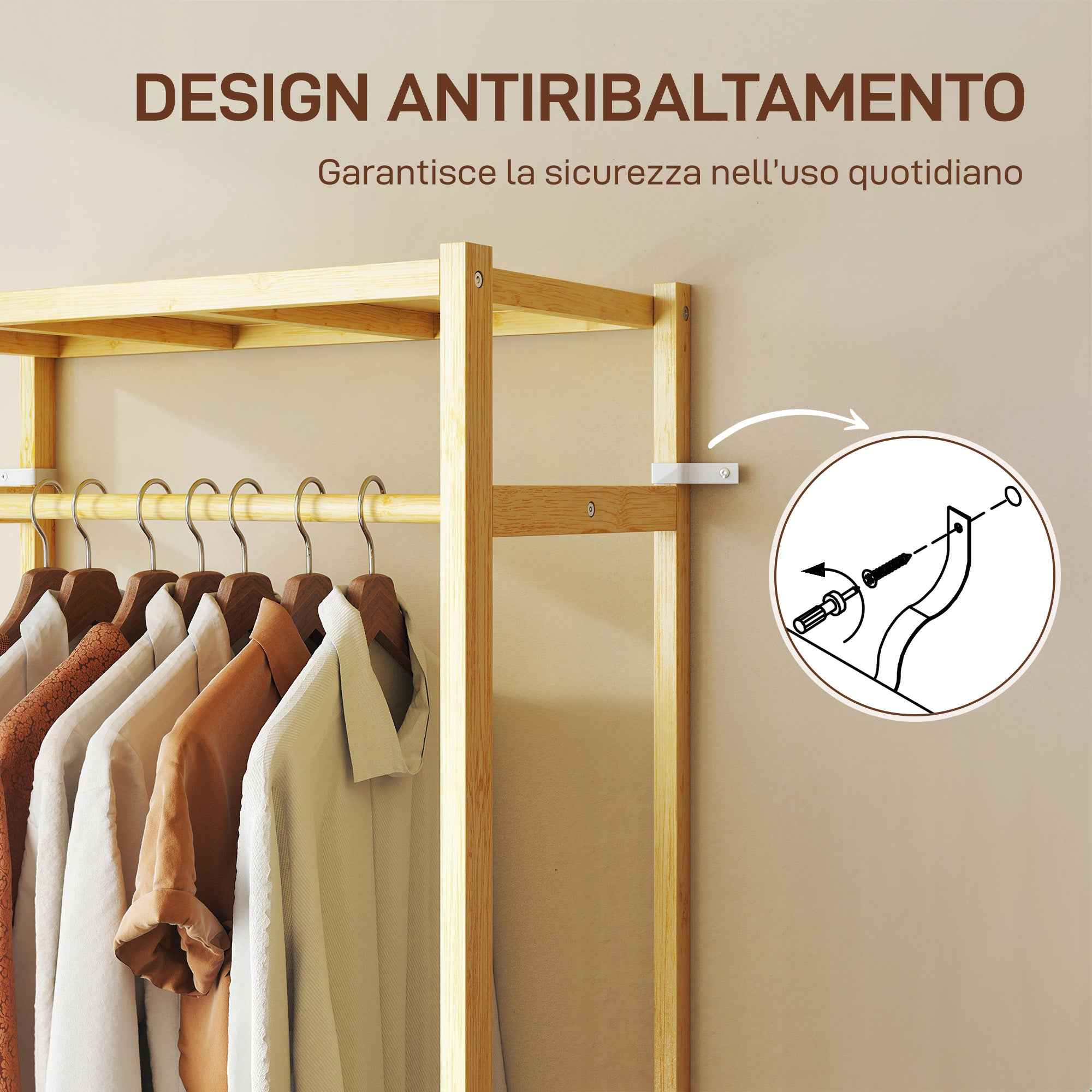 HOMCOM Freestanding Coat Rack with Rail, Shelves and 4 Bamboo Wheels, 70x35x175 cm, Natural Wood