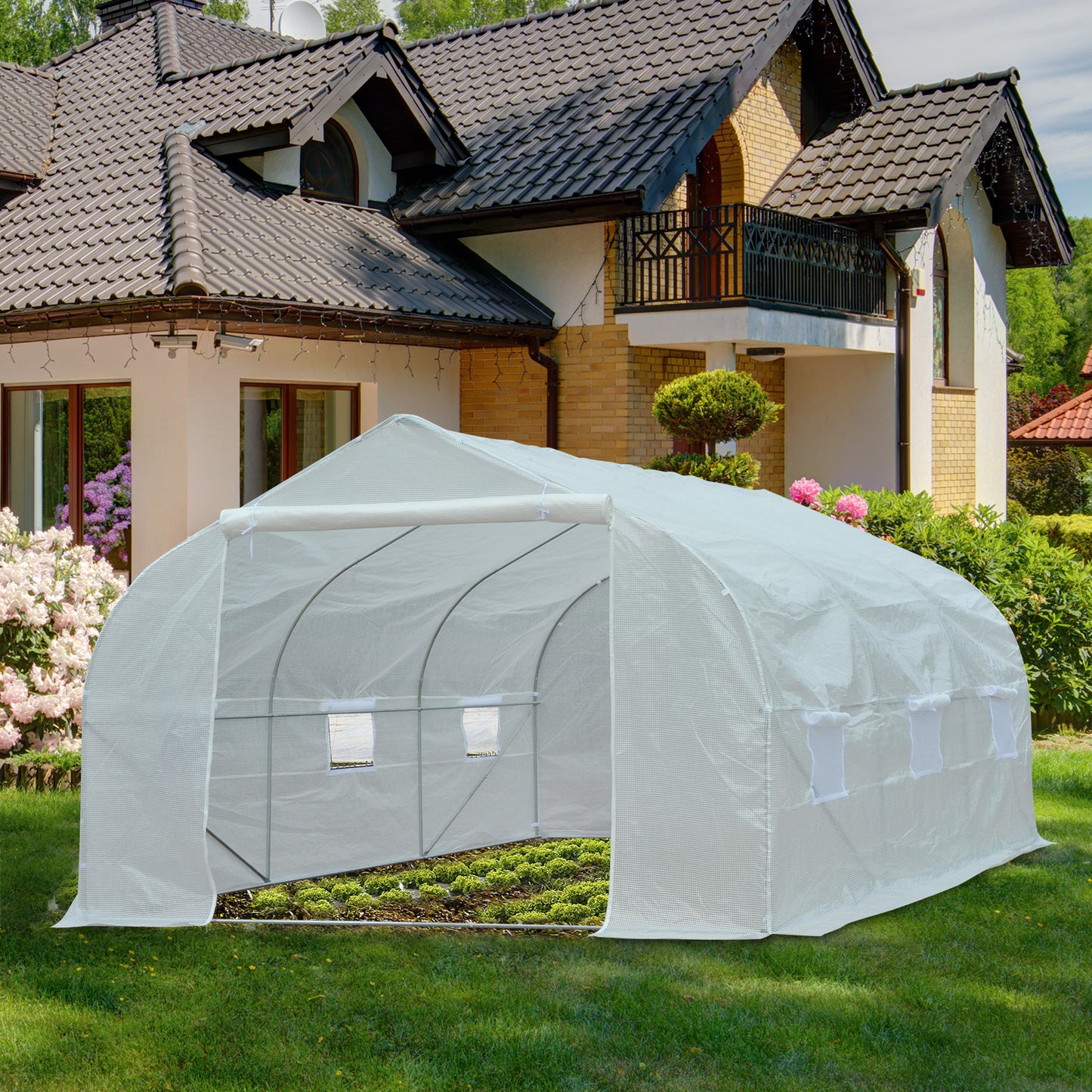 Outsunny Outdoor Tunnel Greenhouse with 6 Mesh Windows, in Metal and PE Plastic, 3.5x3 m, White - Borgè