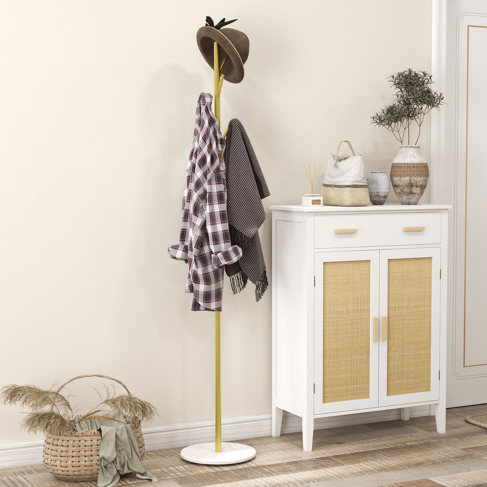 Freestanding Coat Rack with 8 Hooks, Marble and Steel Base, Ø32x164cm, Gold